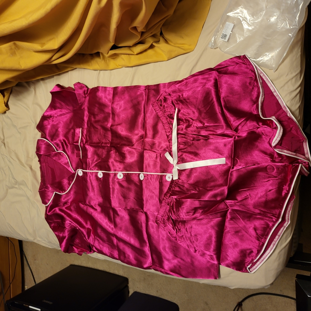 Vibrant Satin Pink Pajama Set with White Accents